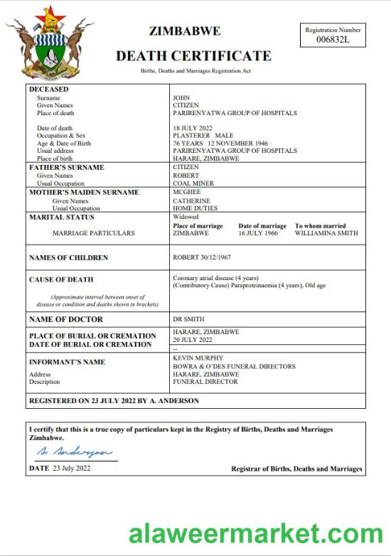 Zimbabwe vital record death certificate Word and PDF template